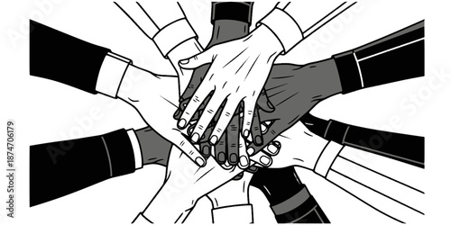 Hands Stacking Teamwork Vector - Black White Overhead View Unity Action Collaboration Diverse Team Gesture Graphic Illustration on White Background