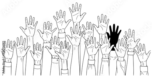 Diverse Hands Raised Unity Vector - Black White Minimalist Line Art Community Solidarity Illustration for Charity Volunteer Nonprofit Design on White Background