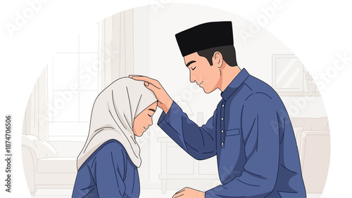 This flat design vector illustration beautifully depicts a Muslim parent giving a loving blessing to their child on Idul Fitri, symbolizing affection, guidance, and spiritual well-being