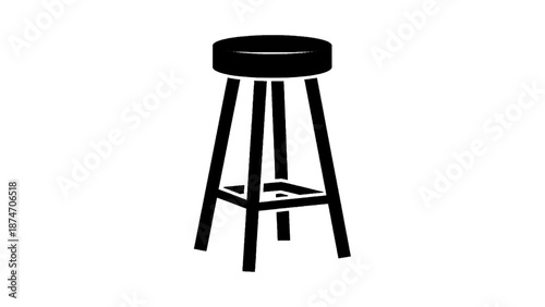 Vector illustration of a classic black bar stool with round seat and tall legs, on transparent background