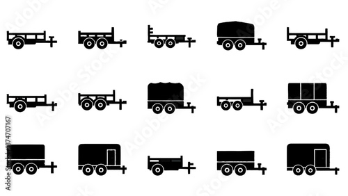 Vector illustration of, on transparent background, a set of various utility and cargo trailer silhouettes for transportation design