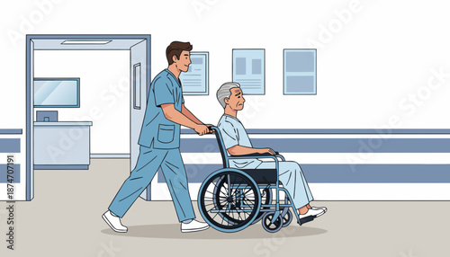 Male nurse pushing wheelchair across corridor in hospital setting, vector 