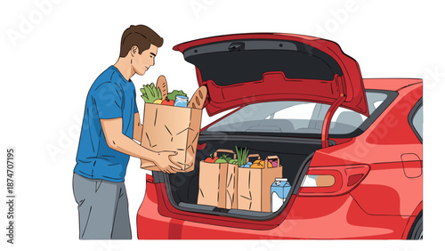 Man loading groceries into car trunk while standing outdoors, isolated, vector  