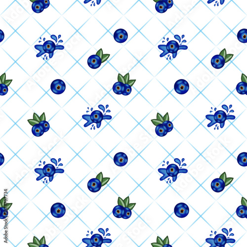 seamless pattern of blue berries with leaves and splashes of broken blue berries on plaid background