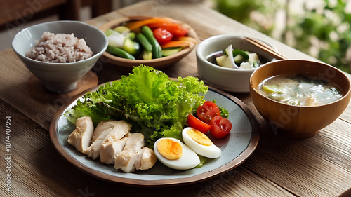 Healthy Japanese Home-style Meal with Chicken and Boiled Eggs / 鶏肉とゆで卵を含むヘルシーな和風家庭料理