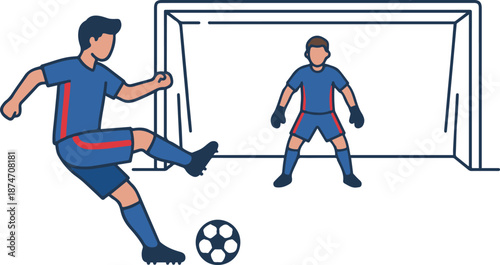 Soccer penalty kick concept showing a player shooting the ball and a goalkeeper ready to save in the goal, vector illustration.
