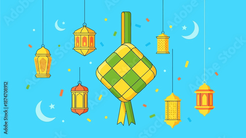 A festive flat design vector illustration featuring a traditional ketupat, a symbolic dish of Idul Fitri, surrounded by elegant Eid decorations
