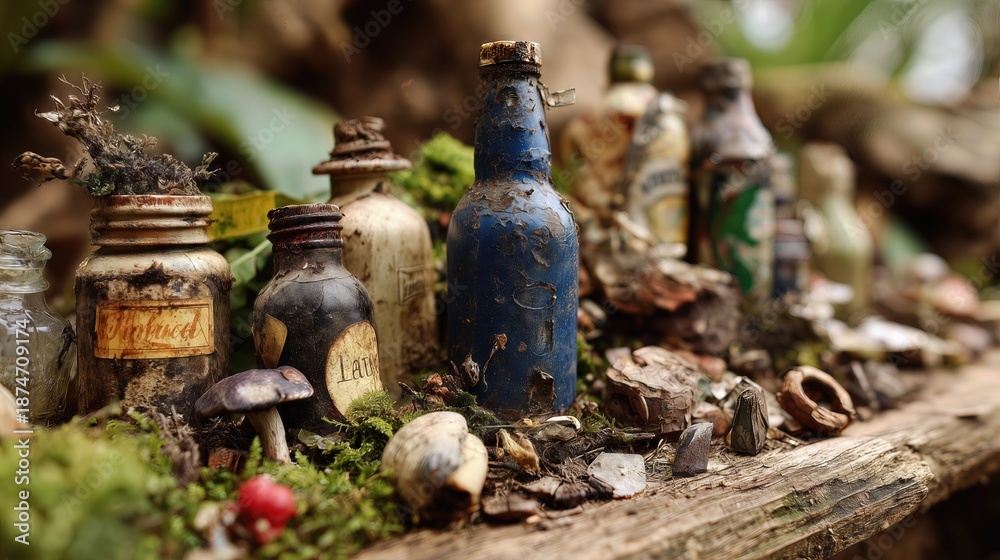 Obraz premium Vintage glass bottles arranged in a forest setting with moss, leaves, and natural textures.