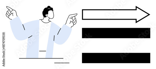 Person pointing towards bold arrow and horizontal bars. Ideal for progress, direction, leadership, decision-making, strategy, communication, growth. A clear and simple flat metaphor