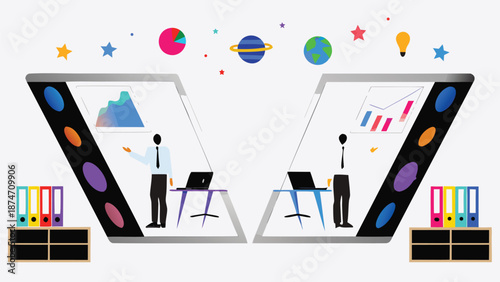 Two professionals in business attire standing opposite each other with laptops and presenting data on screens with colorful graphics and charts in a modern office setting