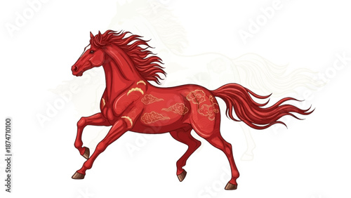 Red Horse Running with Flowing Mane.