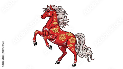 Red Horse with Golden Patterns Running.