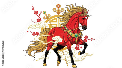 Red Horse with Golden Mane Illustration.