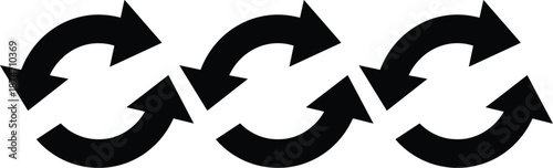 Black circular arrows icon set representing recycling rotation and synchronization for sustainable business branding web interface reload symbols and environmental conservation graphics.