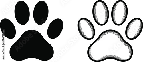 Black silhouette and hand-drawn outline paw print icon set for pet care branding veterinary clinic logos and animal track identification graphics.