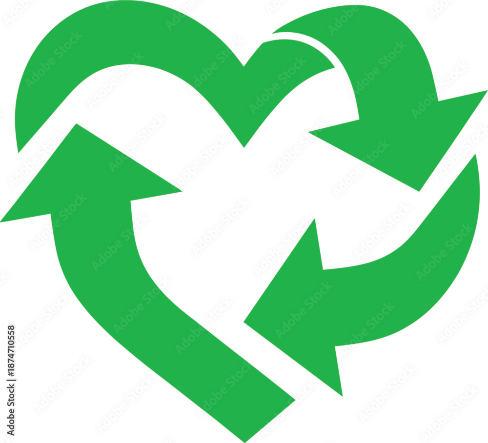 Obraz premium Green heart-shaped recycling symbol with three circular arrows for environmental conservation eco-friendly branding and sustainable lifestyle concepts.