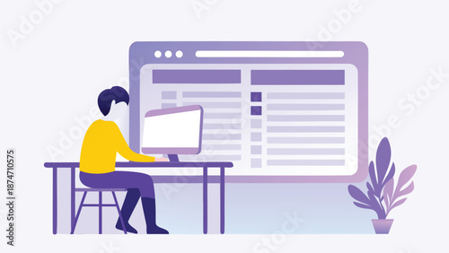 Person working on computer with large website interface in background illustration of web development and coding modern workspace with digital elements