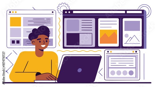 Smiling person working on laptop surrounded by web design elements and interface mockups in graphic illustration style