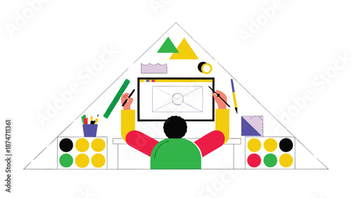 Person using graphic tablet at desk with colorful art supplies in isometric layout