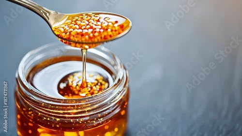 Clear glass jar filled with chili-infused honey and a spoon  