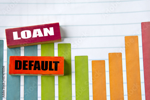LOAN DEFAULT - words on wooden blocks against the background of colorful graphics