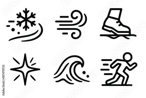 Winter Dash Icons. Snowrun Winter Dash set in outline vector style : crisp snow grain, rushing wind curve, frozen step, icy flare, fast frost wave, chilled motion dot