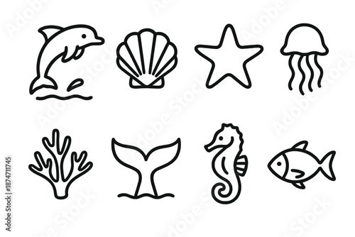 Ocean Icons Collection. Aquatic Fauna set in outline vector style: dolphin arc, seashell, starfish, jellyfish, coral branch, whale tail, seahorse, tide fish