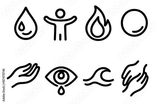 Icons of Empathy. Deep Shared Emotions set in outline vector style: tear of empathy, open arms icon, calm flame, reflective circle, caring gesture, understanding eye, soothing wave, tenderness symbol