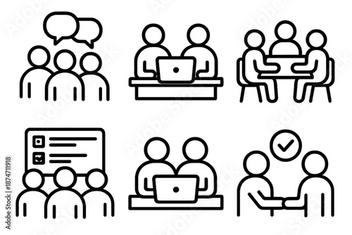 Office Teamwork Icons. Office teamworkset in outline vector style group meeting, discussion bubbles, shared desk, task board, laptop collaboration, agreement check