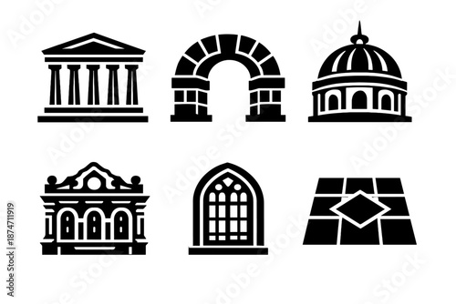 Bold Architecture Icons. Classic architecture icon set in silhouette bold style. Contain columned building, stone arch, domed roof, ornate facade, historic window, tiled floor