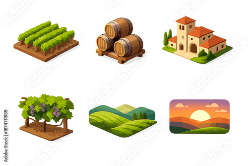 Isometric Winery Icons. Winery estate set in isometric flat vector : vineyard rows, wine barrels, winery building, grape vines, rolling hills, sunset horizon