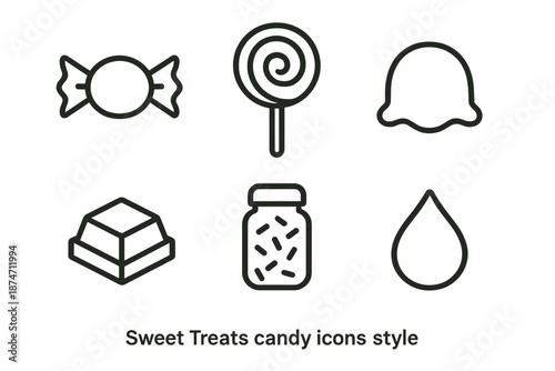 Candy Icon Collection. Sweet Treats candies set in outline vector style: wrapped candy, lollipop, gummy shape, chocolate piece, sugar sprinkle jar, caramel drop