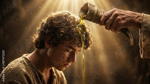 Ancient ritual of anointing the king with holy oil from a horn biblical scene
