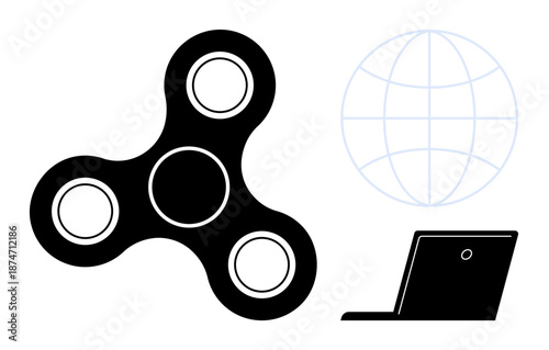 Technology, connectivity, productivity, innovation, global communication, and recreation. Black fidget spinner, laptop and a globe. Technology and connectivity concepts
