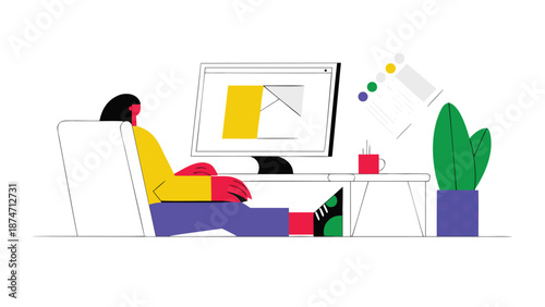 Person sitting at desk using computer with colorful graphic design elements and potted plant nearby in modern workspace