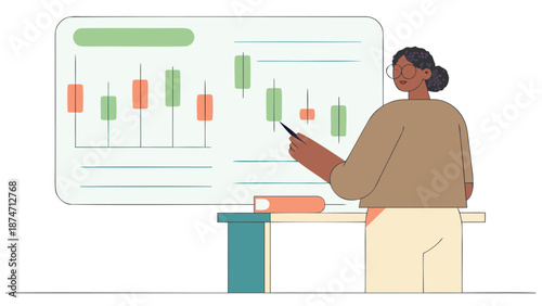 Woman analyzing financial data on a large screen display with candlestick charts and graphs standing at a modern desk with a digital stylus in hand