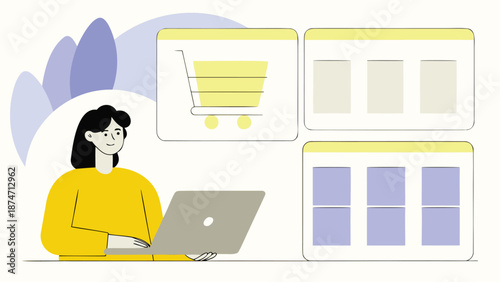 Woman working on laptop with e commerce website templates and shopping cart illustration in a modern flat design style