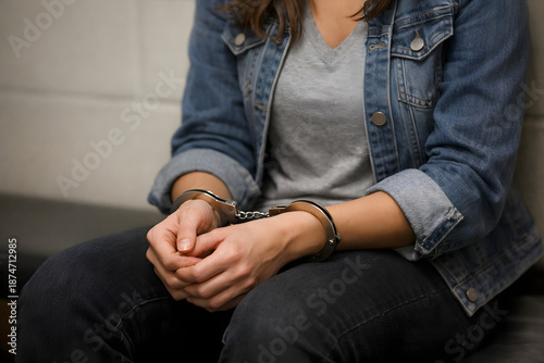 College-Aged Woman in Handcuffs, Criminal Defense Concept, Face Not Visible