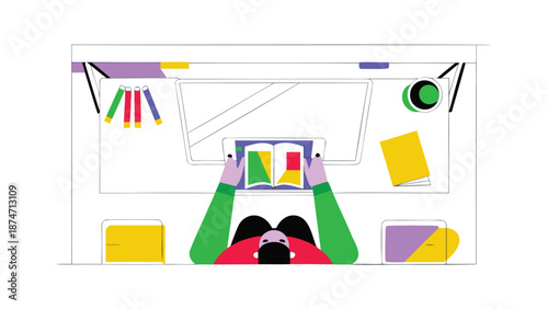 Person sitting at desk holding tablet with color palette top down perspective minimalist workspace with office supplies