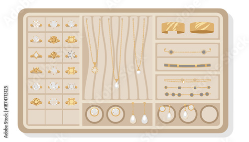 Elegant gold jewelry set with diamonds and pearls on display