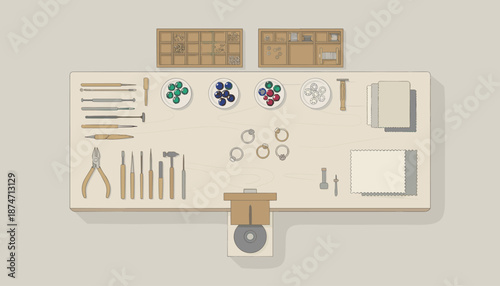 Jewelry making workspace with tools and materials on wooden workbench