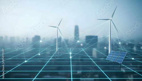Solar panels and windmills on grid connected with glowing lines against blurred city skyline
