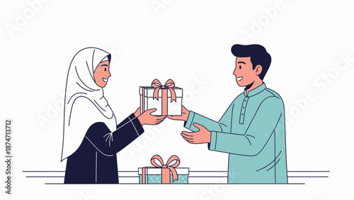 A delightful flat design vector illustration depicting two Muslim individuals exchanging Eid gifts or hampers, symbolizing goodwill, generosity, and renewed friendships during Idul Fitri