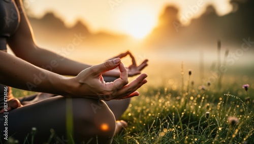 Serene woman meditating in a misty meadow at sunrise, practicing mindfulness and yoga