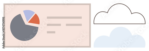 Data visualization, cloud storage, financial presentation, technology, digital analytics, performance reporting. Pie chart with textual data and cloud graphics. Data visualization and cloud storage