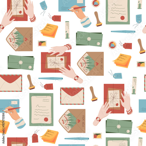 Mail seamless pattern flat background. Hold letter and envelope with card, stamp, post and note in correspondence. Creative flat correspondence style, stationery template for post communication