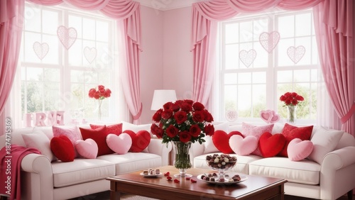 Romantic living room with pink decor and red roses