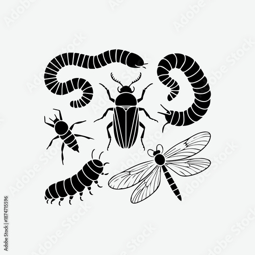 black and white worm and insect vector 4.eps