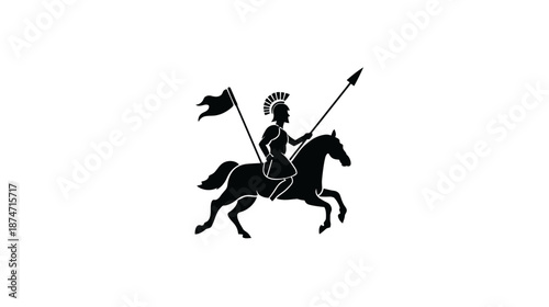 Ancient warrior riding a horse with a spear and flag, black silhouette icon on white background, historical symbol of strength and power.
