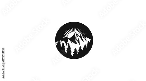 Minimalist black and white circular emblem featuring majestic mountains, a dense pine forest, and radiating sun rays, perfect for outdoor adventure designs.